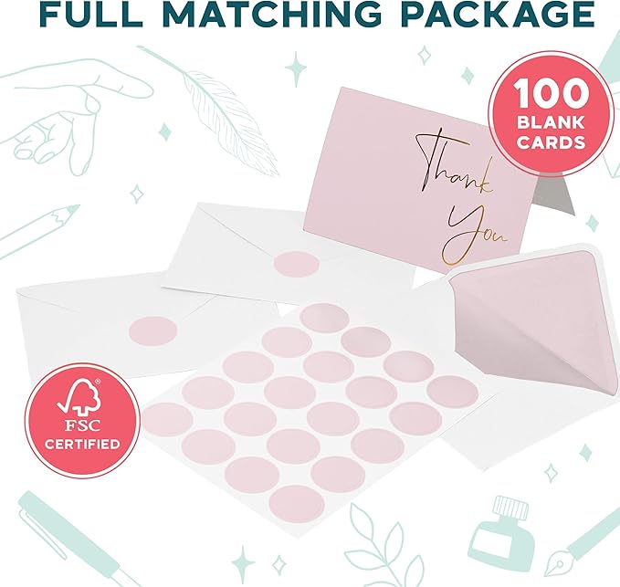 VNS Creations Gold Foil Thank You Cards With Envelopes Bulk Set & Stickers - 100 Pack 4x6 Blank Thank You Notes Box Set - Large Note Card Small Business, Wedding, Baby Shower & Bridal Shower - Lilac