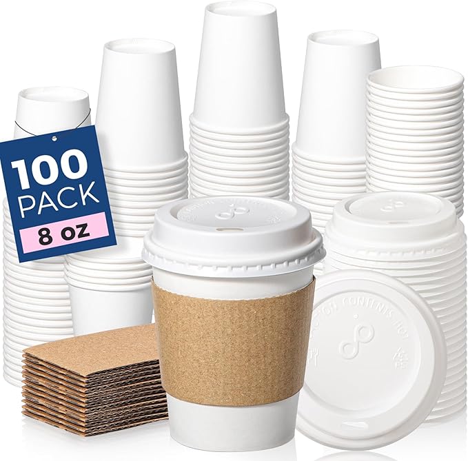 Fit Meal Prep 100 Pack 8 oz Disposable Coffee Cups with Lids, Sleeves, Leak-Proof To Go Coffee Cups with Lids, Durable Hot Paper Cups for Hot Cocoa and Coffee Bar Supplies