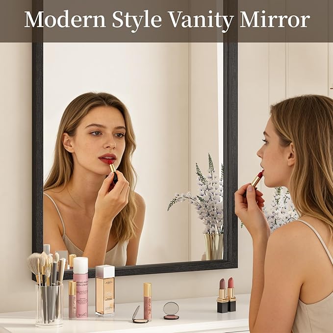 Syndra Black Wood Frame Bathroom Mirror, Waterproof Slim Deep Frame,