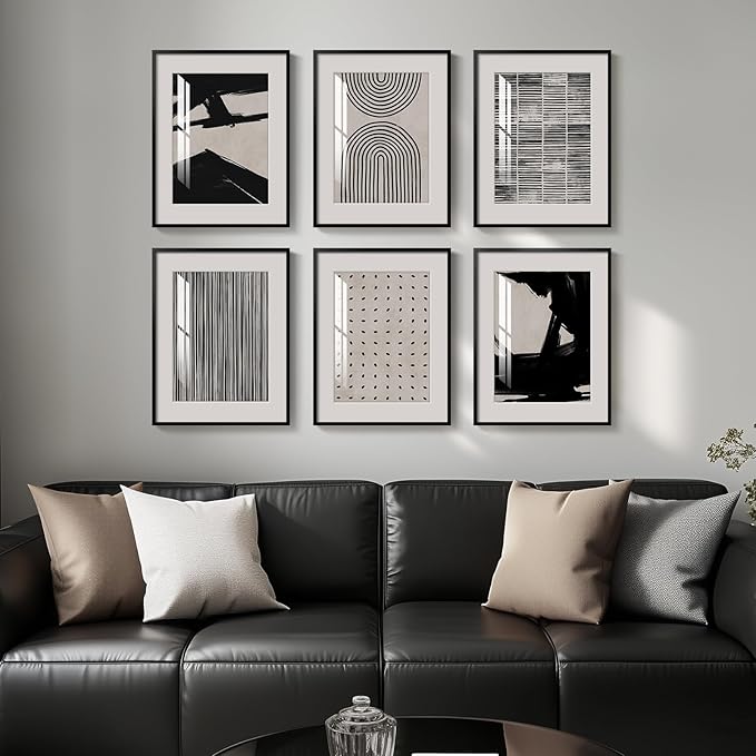 Framed Black and White Abstract Wall Art, 6 Pieces Modern Prints Paintings