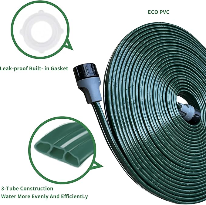Watoo 2026 Sprinkler Hose & Soaker Hose for Yard - 150 FT Reinforced Flat Garden Hose with Holes, Heavy Duty No-Kink Lawn Irrigation Hose (Includes Stakes, High Pressure Spray)