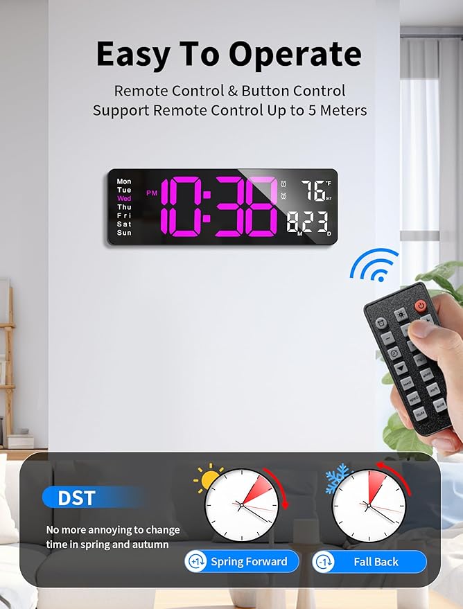 MASHI Digital Wall Clock, Auto-Dimming Wall Clock