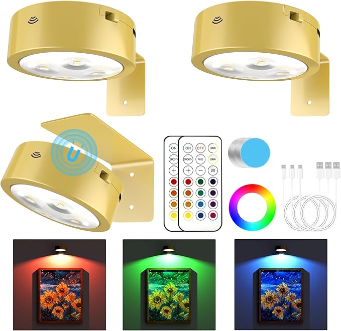3 Pack Picture Lights for Wall, 13 RGB Color Rechargeable Battery Operated wall