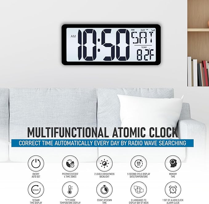 TXL Atomic Clock with Backlight, 14.2" Large Digital Wall Clock Battery Operated