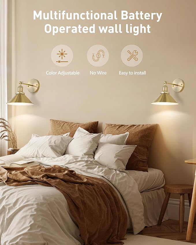 Bailoch Gold Vintage Wireless Battery Operated Wall Sconces, Rechargeable