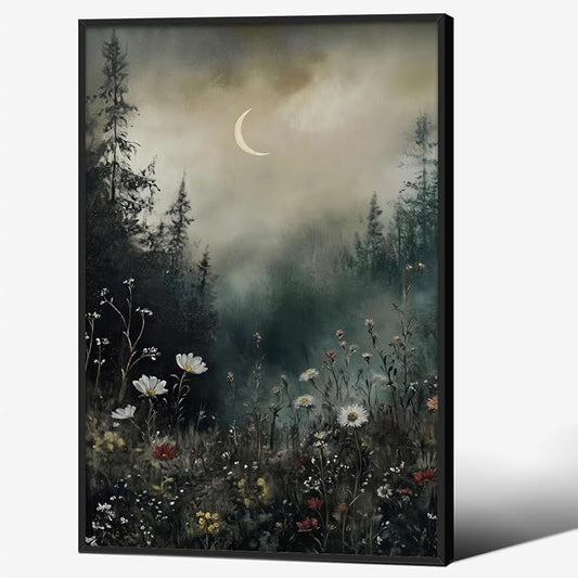 Dark Flower Field Poster Vintage Moody Academia Wall Art 24X36 inch Black