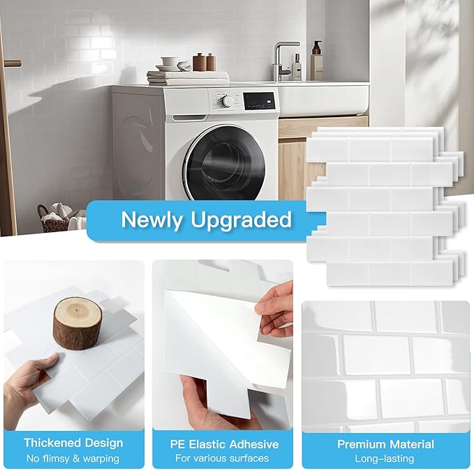 Art3d Peel and Stick Backsplash Tiles – 12"x12" White Washed Thicker Design