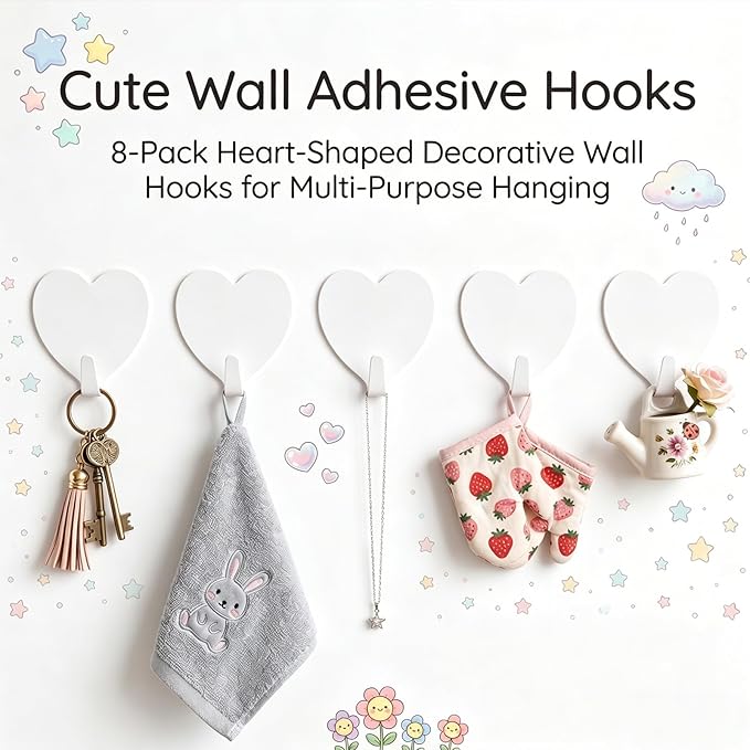Heart Wall Hooks, 8 Pack, Cute White Decorative Accessories, Purse Hanger
