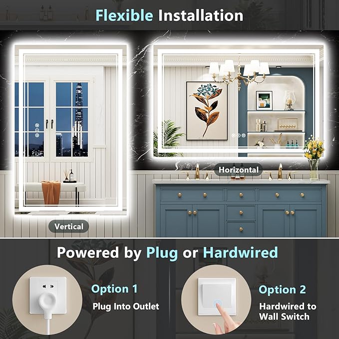 55x40 LED Bathroom Mirror with Lights, Backlit and Front Lit Anti-Fog Lighted