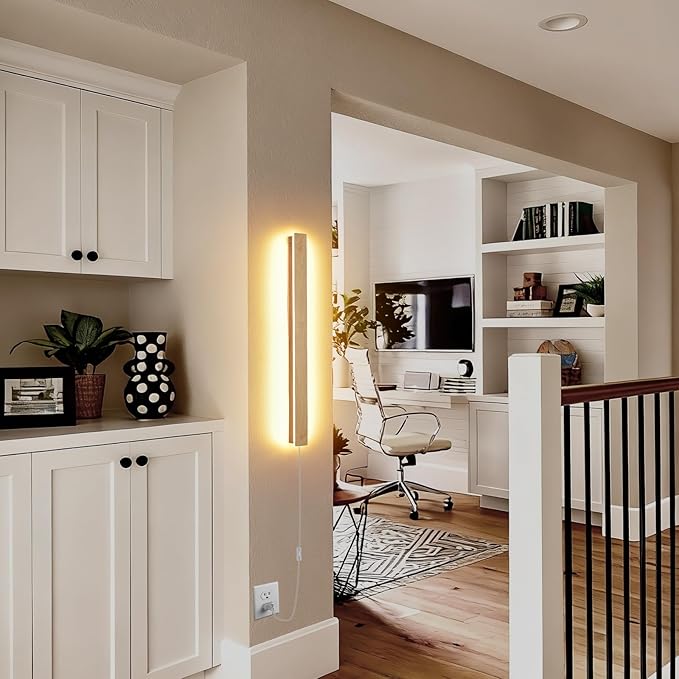 Modern Plug in Wall Sconces, 23.6 inch Faux Wood Texture Finish LED Long Wall