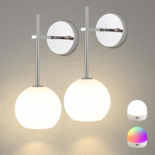 Chrome Battery Operated Wall Sconces Set of 2, Rechargeable Wireless Wall Lights