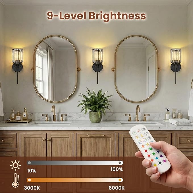 1- Pack Crystal Battery Operated Wall Sconces, Brushed Gold Rechargeable