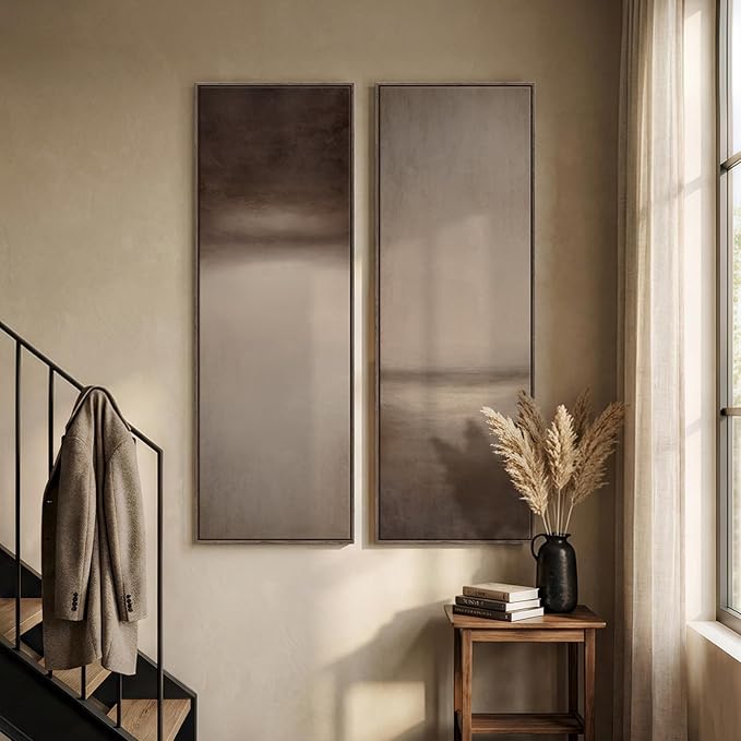 Long Narrow Framed Brown and Beige Neutral Abstract Vertical Wall Art,