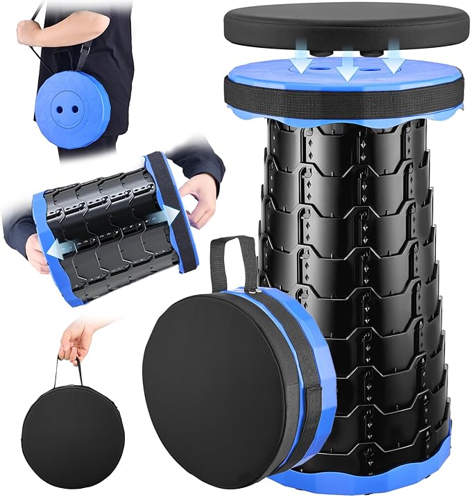 2026 Upgraded Collapsible Stool with Cushion, Portable Folding Stool for Adults Heavy Duty, Camping Stools for Outdoor Camping Travel Hiking Fishing, Adujstable Folding Chair Footrestï¼Blue