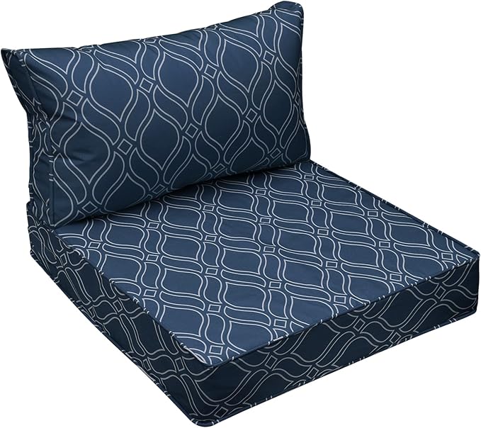 AAAAAcessories Outdoor Seat Cushions for Chairs, Fade-Resistant, Waterproof Patio Furniture Replacement Cushions, 25.5" x 25.5" x 5" + 25.5" x 13.5", Slate Blue Vine Trellis