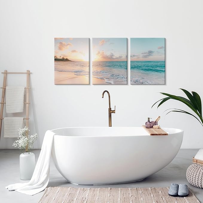 Goldfoilart 3 Pieces Beach Wall Art Sunset Bathroom Canvas Pictures Ocean Wall
