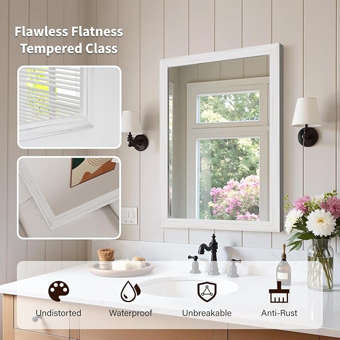 White Grey Wood Effect Framed Wall Mirror, 22x30 Rectangle Mirror,