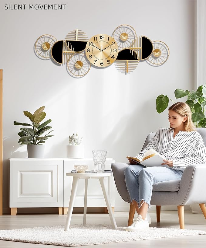 Large Wall Clock, Modern Silent Non-Ticking Metal Wall Art Wall Clocks Battery