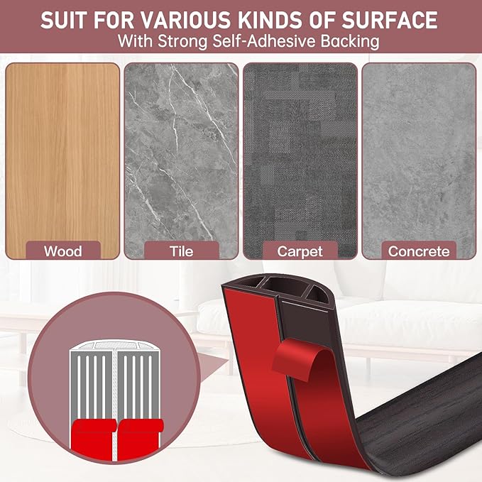 Floor Cord Cover Self Adhesive Cord Hider Floor Extension Cord Covers for Floor Power Cord Protector Cable Management Prevent Cable Trips Cable Cavity 0.59" W x 0.31" H (Dark Walnut, 10Ft)
