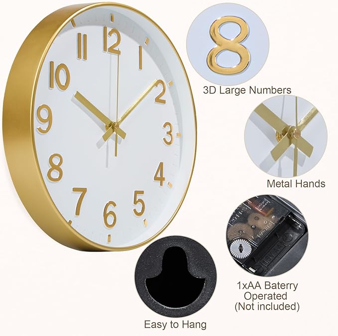 Gold Wall Clock, 8 Inch Wall Clocks Battery Operated, Round Modern Non Ticking