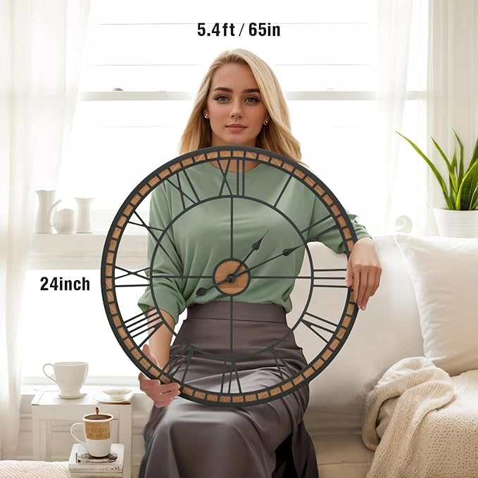 Micasso Large Farmhouse Wall Clock: 24 inch Modern Metal Black