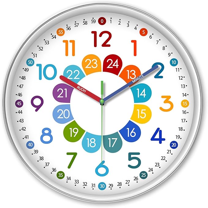 XFM Colorful Kids Wall Clock for Bedroom 14 Inch Round Learning Clock