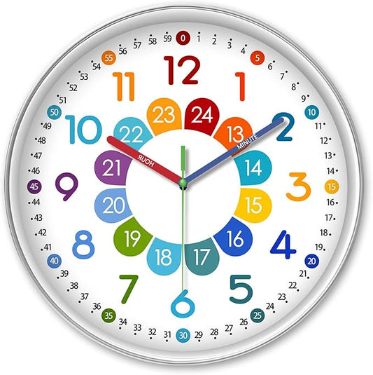 XFM Colorful Kids Wall Clock for Bedroom 14 Inch Round Learning Clock