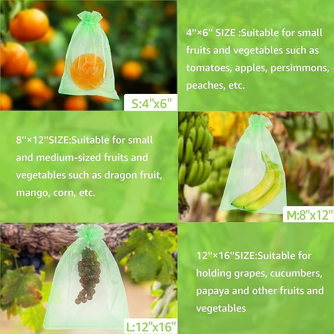 MIXC 50 Pcs Fruit Protection Bags, 12''×16''Fruit Netting Bags for Fruit Trees Fruit Cover Mesh Bag with Drawstring Netting Barrier Bags for Plant Fruit Flower
