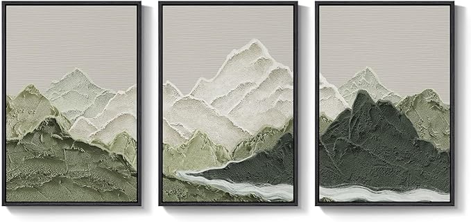 Framed Green Abstract Mountain Wall Art for Living Room, 3 Piece Large Landscape Prints Canvas Artwork for Walls, Modern Minimalist Scenic Pictures Hallway Dining Room Home Office Wall Decor, 24x36 In