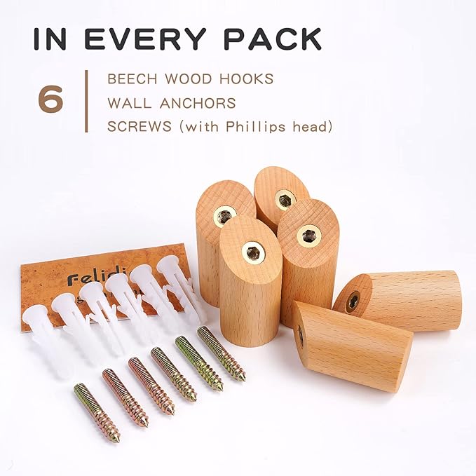 Felidio Wood Wall Hooks, 6 Pack Natural Wooden Coat Hooks Wall-Mounted