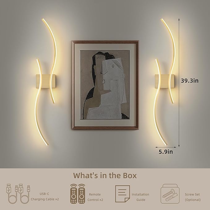 Battery Operated Wall Sconce Set of Two, Dimmable Modern LED Rechargeable Wall
