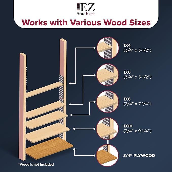 Made in USA EZStudRack Adjustable Shelf Brackets, Your Wood, You Supply It