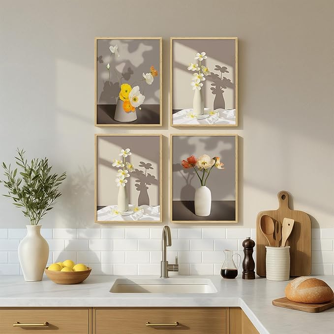 Framed Botanical Floral Wall Art, 4 Piece Yellow Flower Canvas Painting Prints