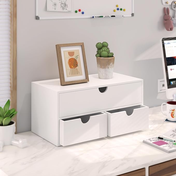 Bamboo Desk Organizer with Drawers Desktop Storage Drawers for Bills Office Supplies Kitchen Utensils Organizing Tool for Home Classroom Organization No Assembly (White)