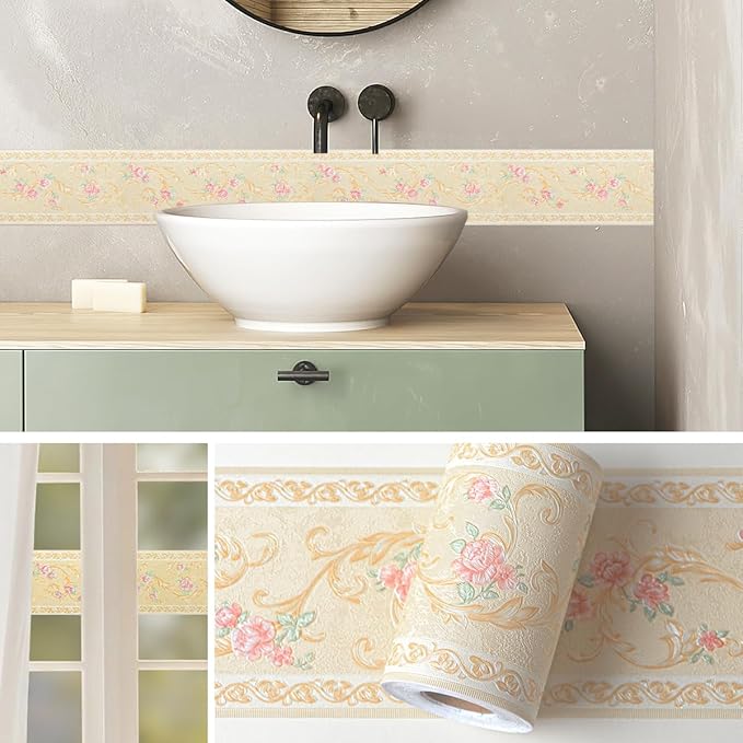 AbaBoorty Yellow Floral Wallpaper Border Decor 394"X4.1" Peel and Stick Wall