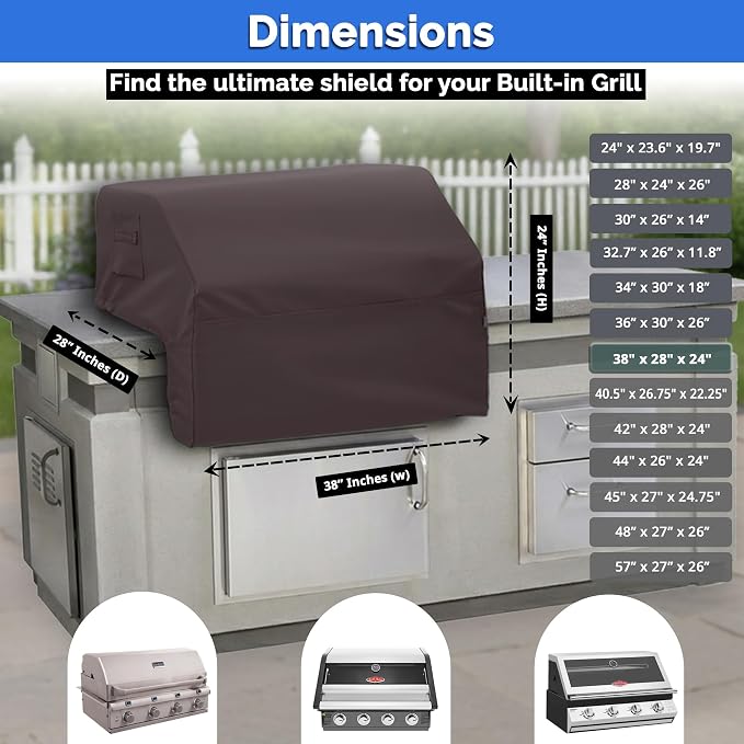 Covers & All Built-in Grill Cover for Outdoor Grill – Heavy Duty 12 oz Waterproof Built-in BBQ Grill Cover, PVC-Coated Polyester with Elastic Hem for Snug Fit (38 x 28 x 24 inches, Coffee)