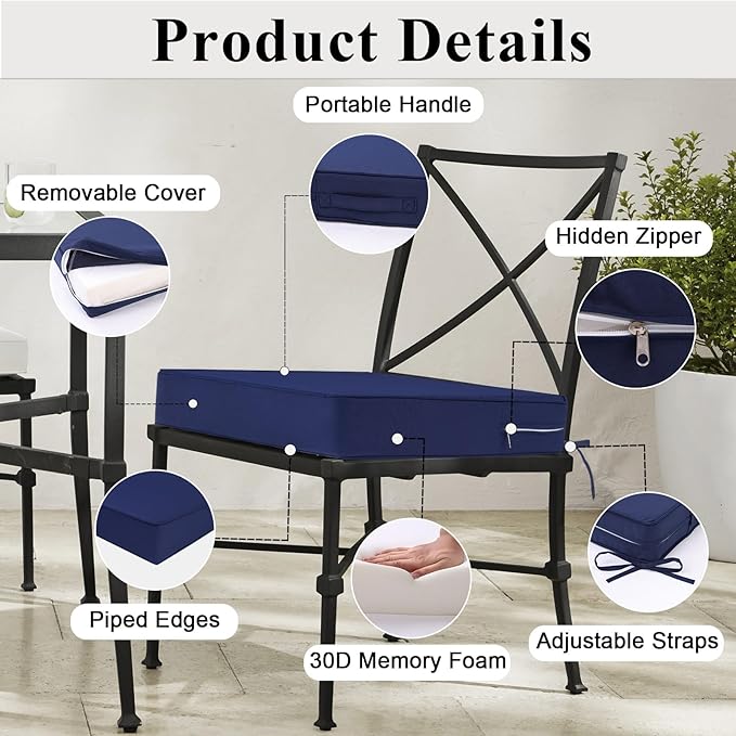 Outdoor Chair Cushions 24x24x4 Inch, Waterproof Blue Patio Furniture Cushions Set of 2 with Ties & Handle, 3 Year Color Fastness Square Replacement Seat Cushions for Sofa, Couch