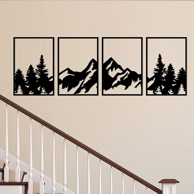 ESTART 4 Pcs Metal Wall Art, Large Mountains Wall Decor, Art Wall Décor Suitable For Living Room Dining Room Bedroom Office Indoor And Outdoor (Mountain Forest)