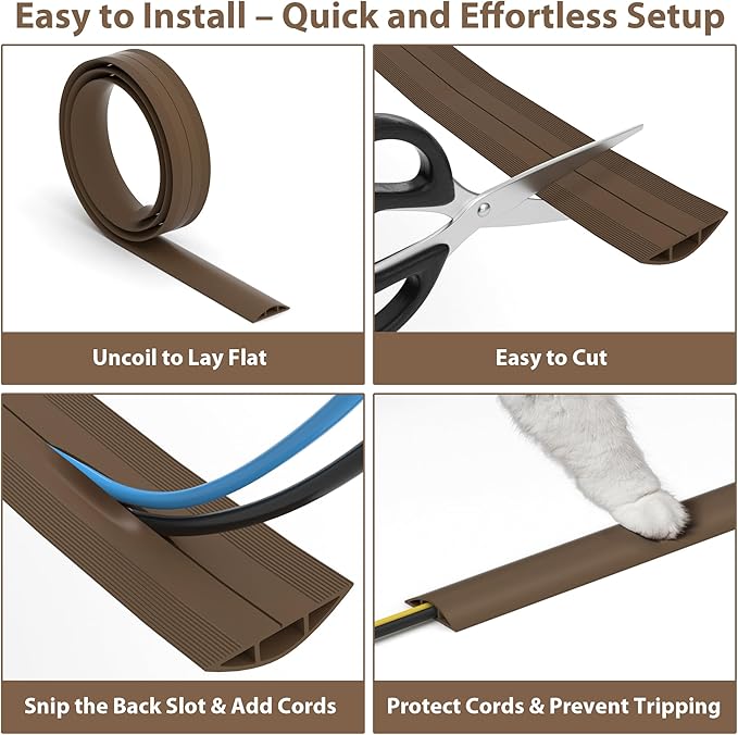 ZhiYo 6ft Cord Hider Floor, Soft PVC Cord Covers for Wires on Floor, Wire Cover to Hide Extension Cords, Cable Cover Protect Cords & Prevent Trips, Cable Cavity: W0.6in x H0.32in, Vintage Coffee Brown
