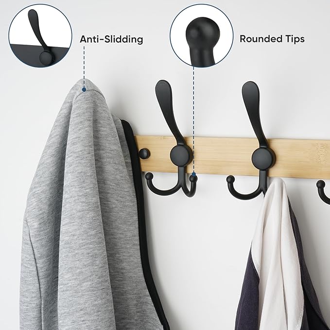 TICONN Wall Mounted Coat Rack, Five Heavy Duty Tri Hooks All Metal Construction