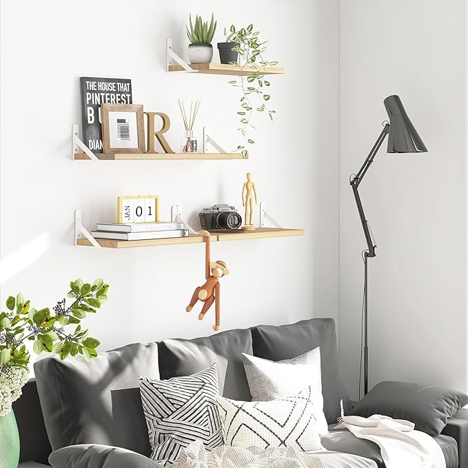 YGEOMER Floating Shelves for Wall, Different Sizes Natural Wood Wall Shelves
