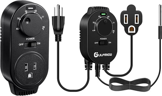2 Pack Thermostat Outlet for Heater, One Temperature Controller Outlet with 4.9FT Power Cord, Heating and Cooling Thermostat Outlet with Temperature Probe for Space Heater, Greenhouse Fan