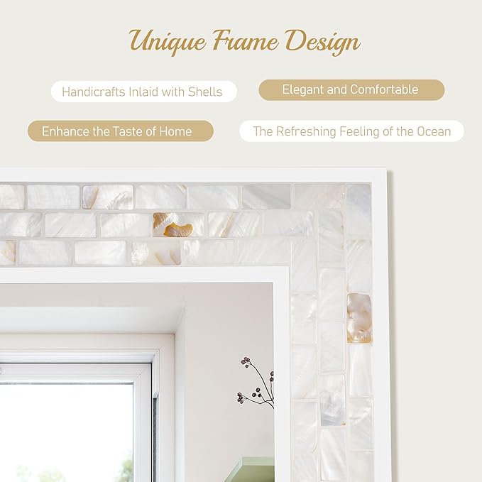 Mosaic Bathroom Mirrors for Wall 24x36 Inch, Natural Mother of Pearl Inlay