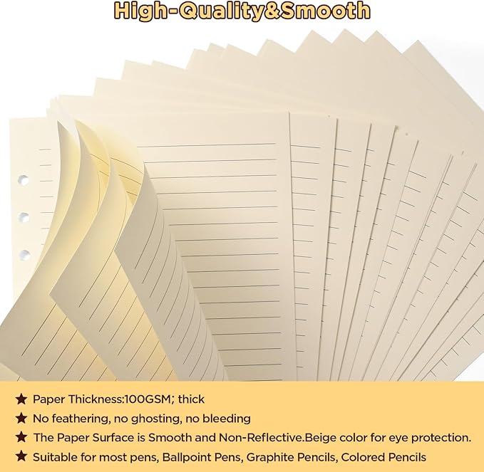 A5 6-Hole Lined Loose-Leaf Paper, Beige – Refill Pages for Standard A5 6-Ring Binder, Journals, Planners – Writes both sides–No bleed-through– Pack of 2 (80 Sheets per Pack)