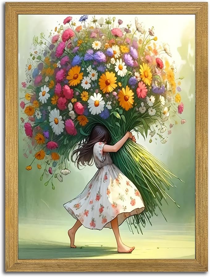 Wood Framed Pink Wildflower Canvas Wall Art, Girl Hugging Flowers Poster Prints