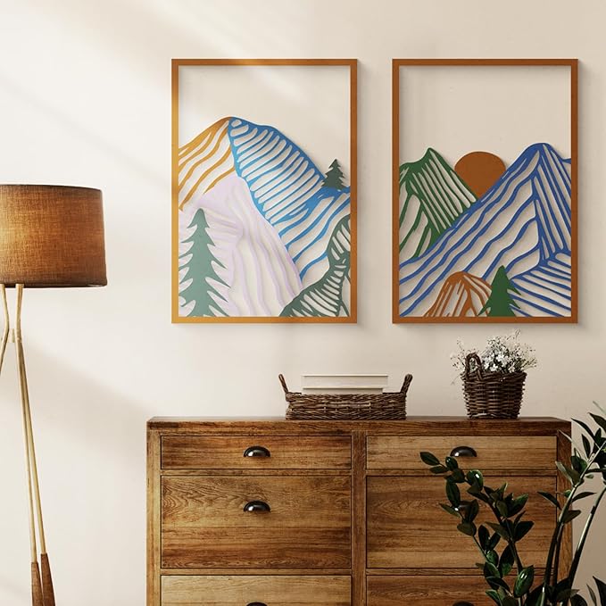 Glamativity 4 Pcs Colorful And Black Double-Sided Abstract Mountain Metal Wall Art , Mountain Line Art Décor, 3D Textured Minimalist Wall Decor, Rustic Nature Wall Décor for Living Room Bedroom Study (Mountain, M Size 17 x 12'')