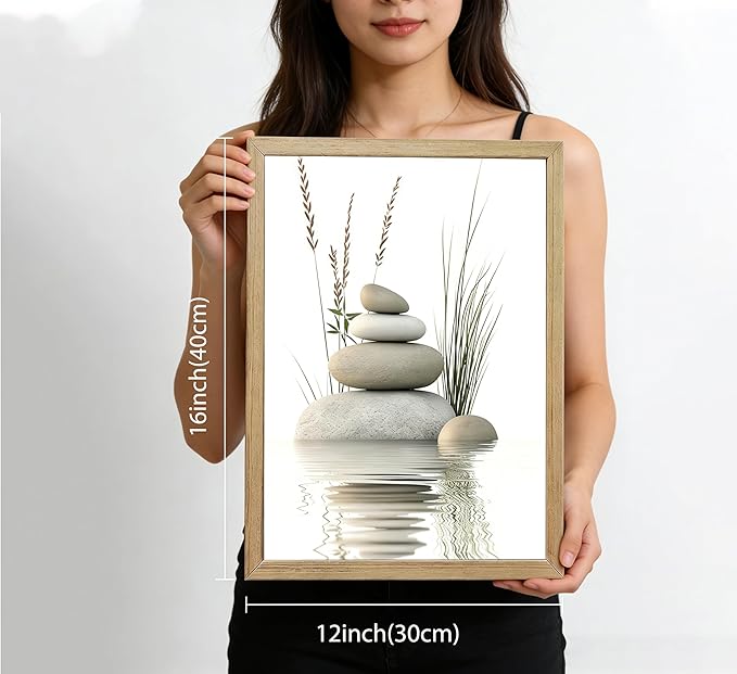 Wooden Frame Zen Stone Canvas Wall Art, Stacked Stones in Water Poster Print.