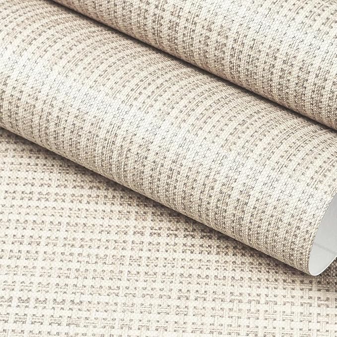 FunStick 16"x240" Thick Beige Wallpaper Peel and Stick Modern Grasscloth