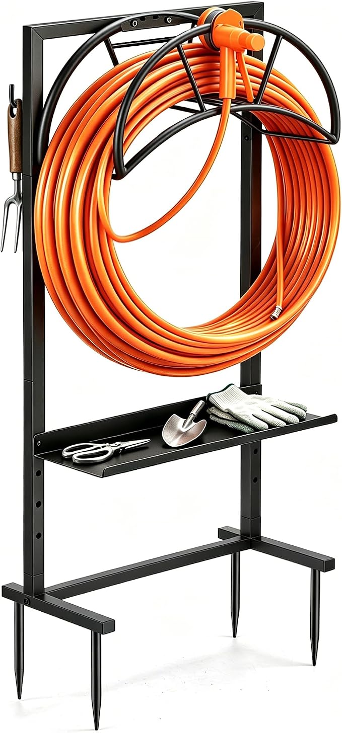 facka Garden Hose Holder Freestanding Metal Hose Stand 4-Prong Shelf Hooks | Holds up to 160FT Hose for Yard Garden Outdoorï¼Water Hose Holder and Hose Hanger, Alternative to Hose Reels for Outside