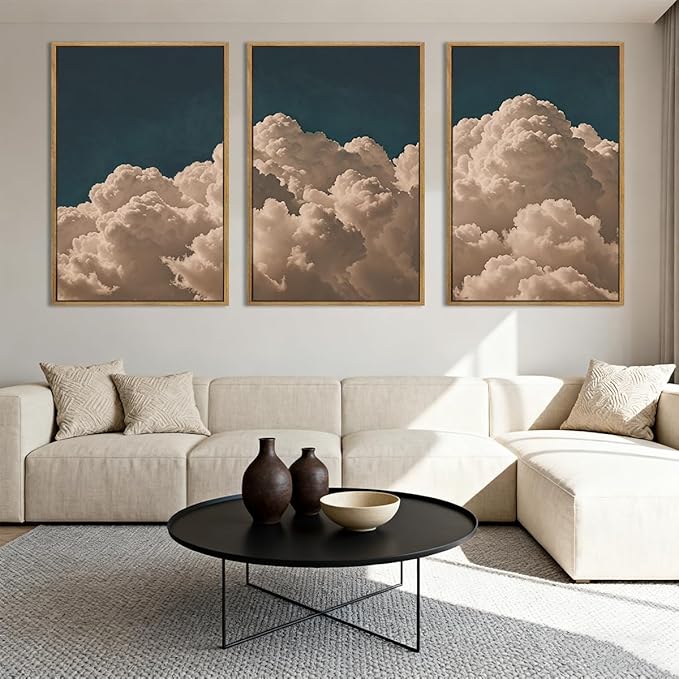 IARTTOP Extra Large Navy Blue Cloud Wall Art 24x36 Inch Framed Abstract Modern Landscape Canvas Wall Decor Minimalist Sky Painting Set of 3 for Bedroom Living Room Office